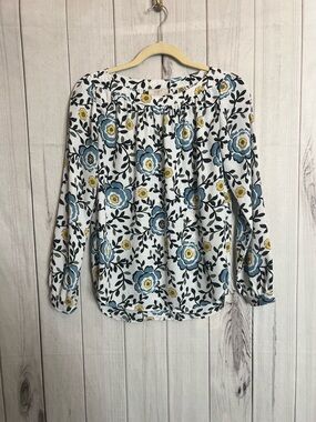 LOFT White Blouse with Blue & Yellow Floral Print